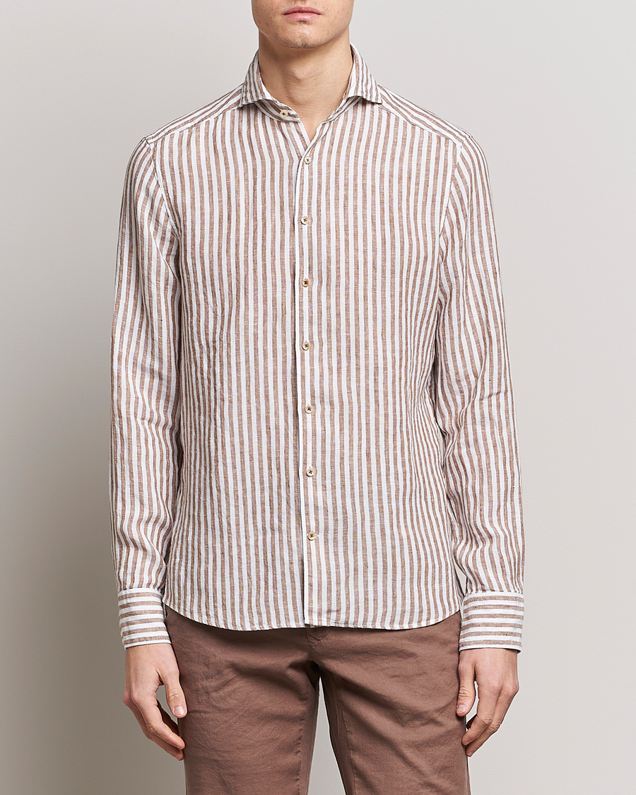 Herr | Skjortor | Stenströms | Slimline Cut Away Striped Linen Shirt Brown