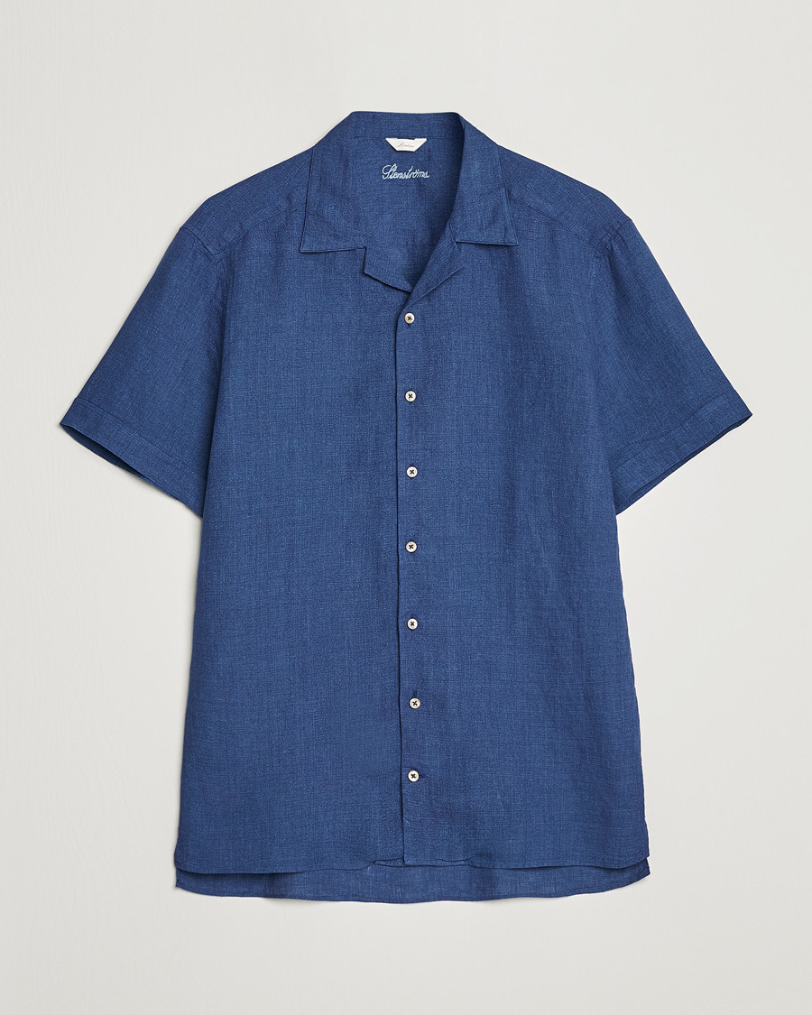 Herr | Skjortor | Stenströms | Slimline Short Sleeve Resort Linen Shirt Blue
