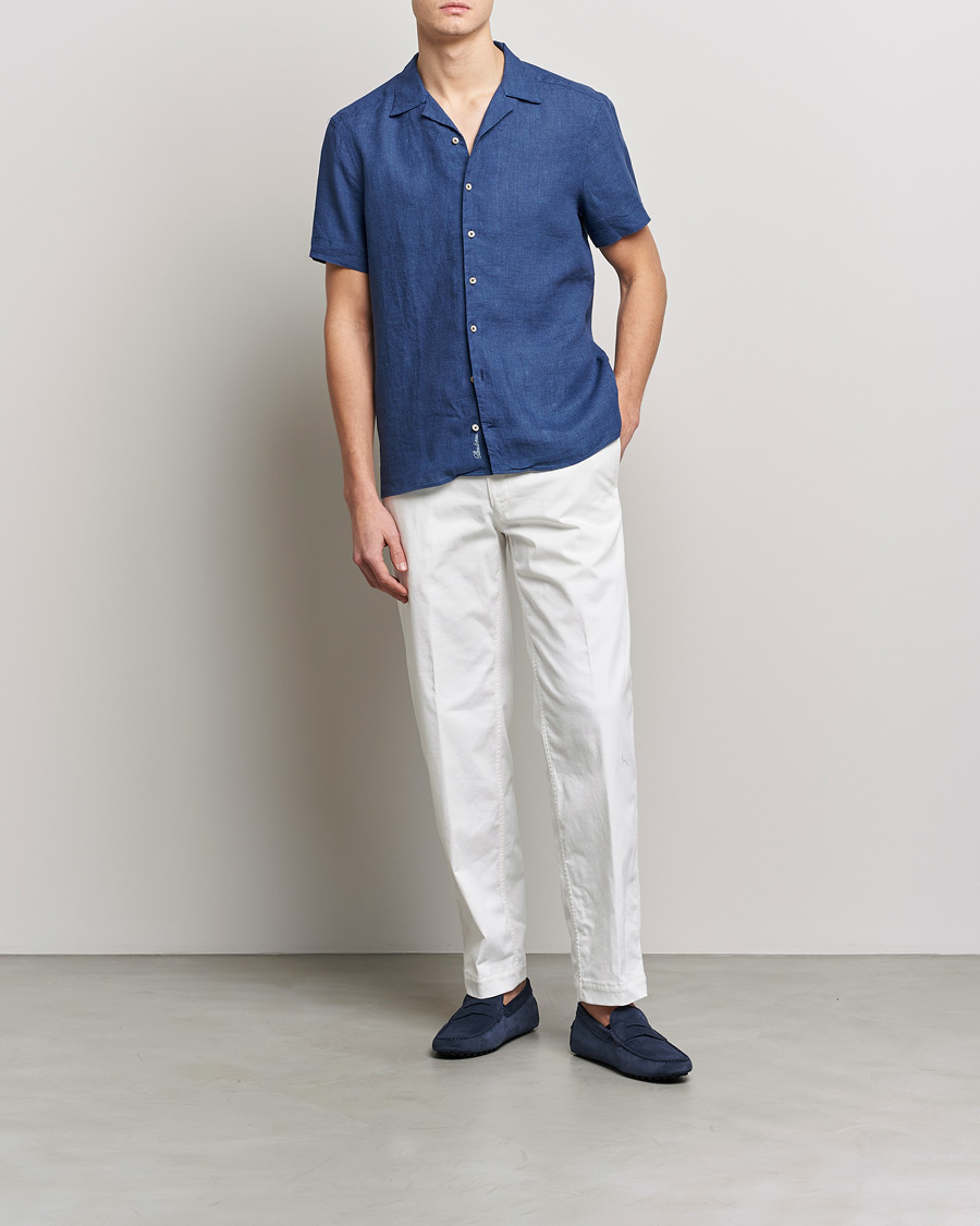 Herr | Skjortor | Stenströms | Slimline Short Sleeve Resort Linen Shirt Blue