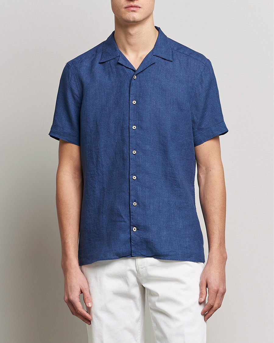 Herr | Skjortor | Stenströms | Slimline Short Sleeve Resort Linen Shirt Blue