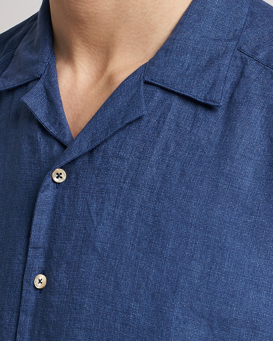 Herr | Skjortor | Stenströms | Slimline Short Sleeve Resort Linen Shirt Blue