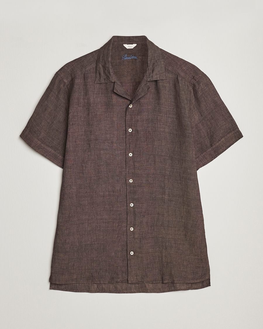 Herr | Skjortor | Stenströms | Slimline Short Sleeve Resort Linen Shirt Dark Brown