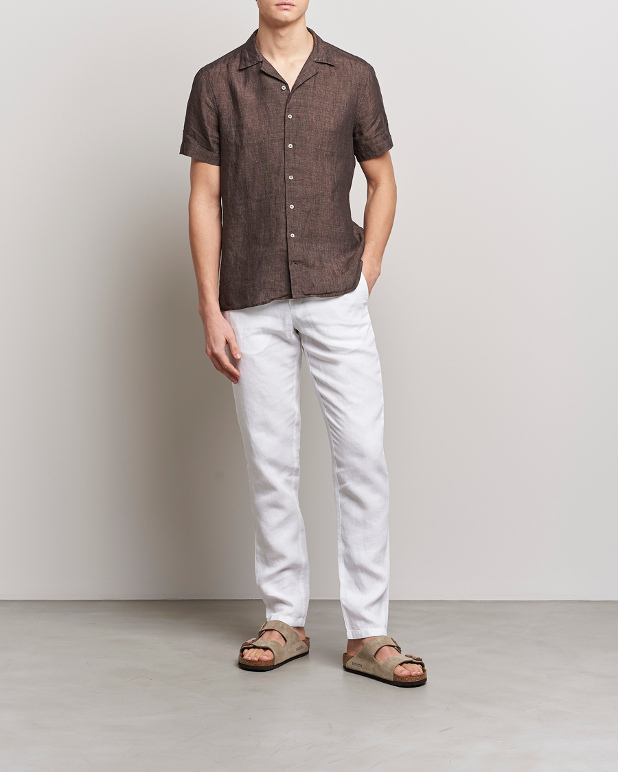 Herr | Skjortor | Stenströms | Slimline Short Sleeve Resort Linen Shirt Dark Brown