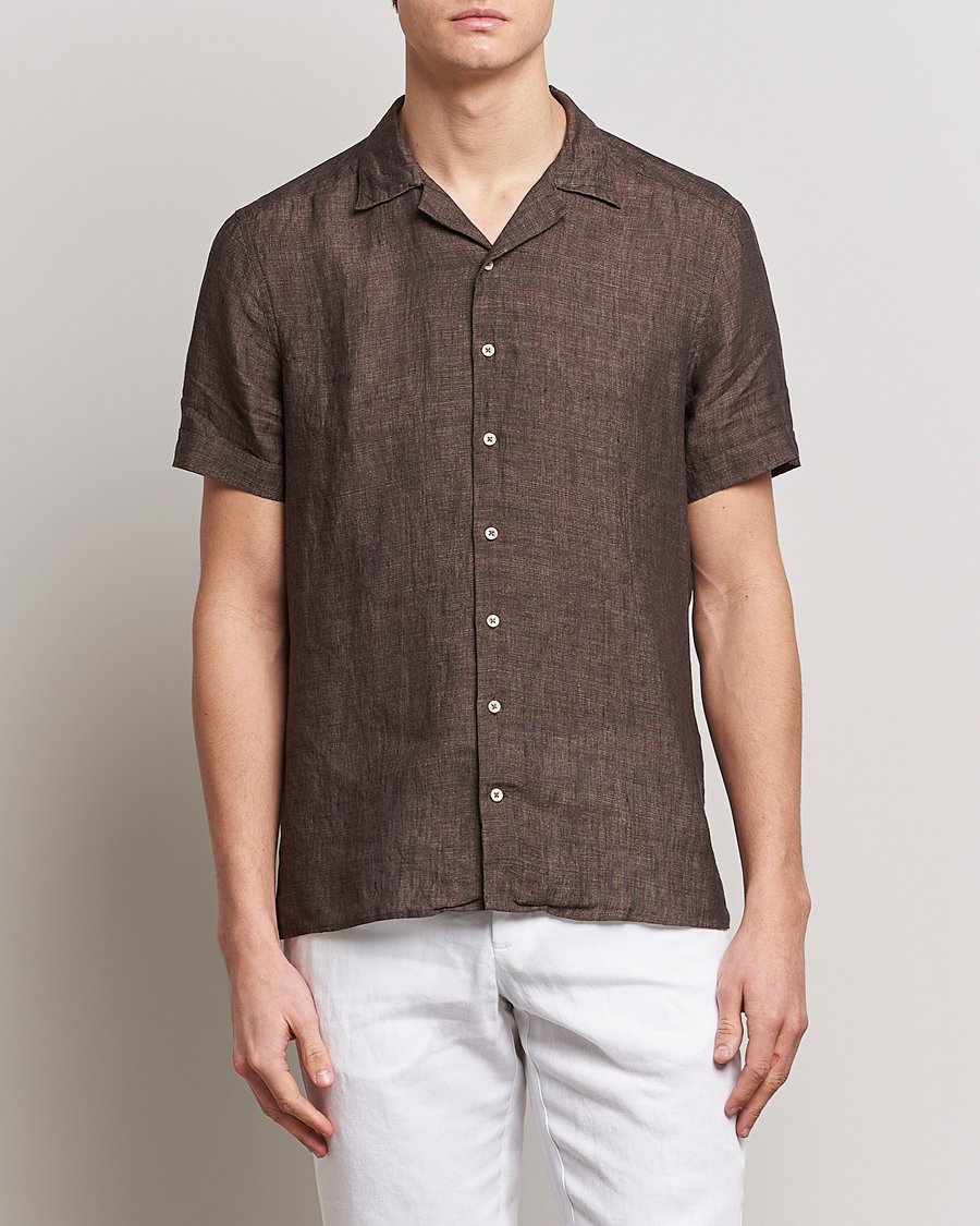 Herr | Skjortor | Stenströms | Slimline Short Sleeve Resort Linen Shirt Dark Brown