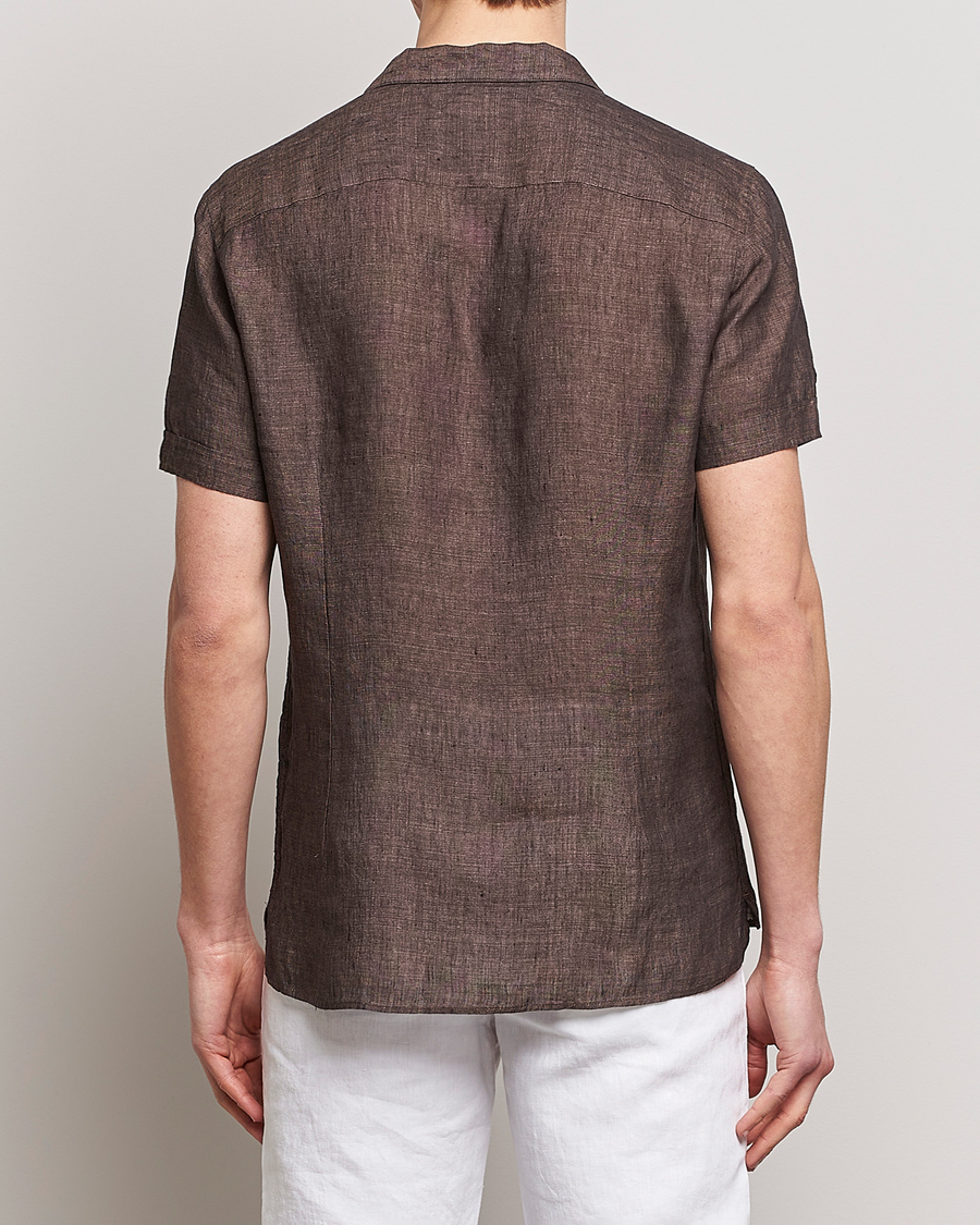 Herr | Skjortor | Stenströms | Slimline Short Sleeve Resort Linen Shirt Dark Brown