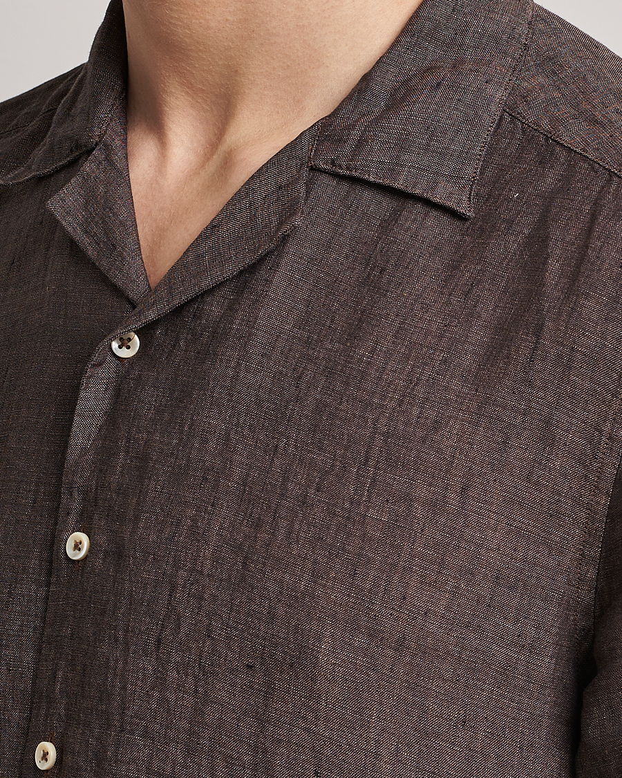 Herr | Skjortor | Stenströms | Slimline Short Sleeve Resort Linen Shirt Dark Brown