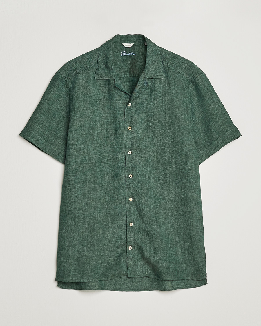 Herr | Skjortor | Stenströms | Slimline Short Sleeve Resort Linen Shirt Dark Green