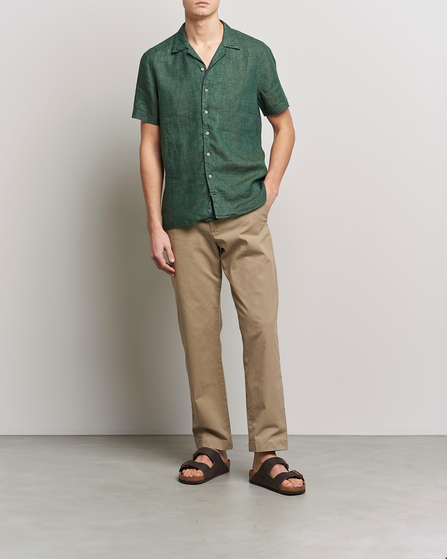 Herr | Skjortor | Stenströms | Slimline Short Sleeve Resort Linen Shirt Dark Green