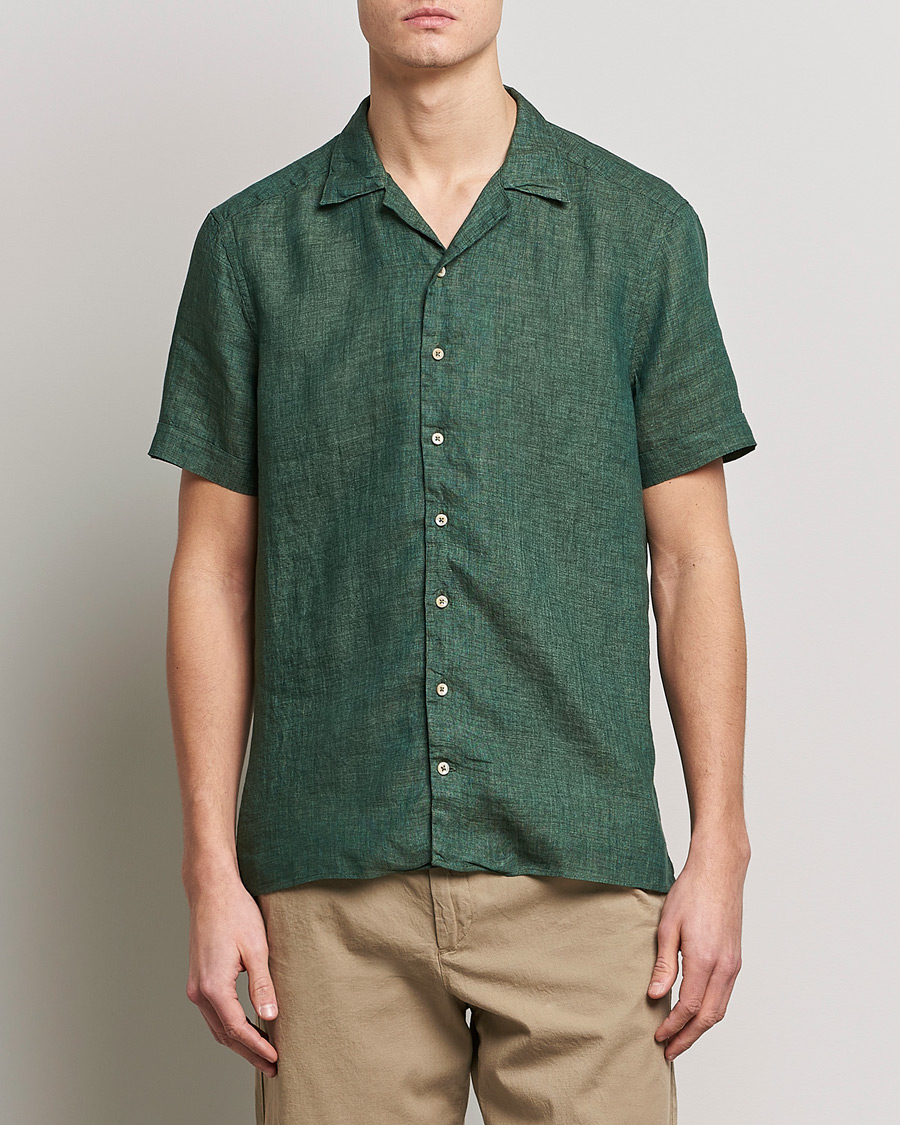 Herr |  | Stenströms | Slimline Short Sleeve Resort Linen Shirt Dark Green