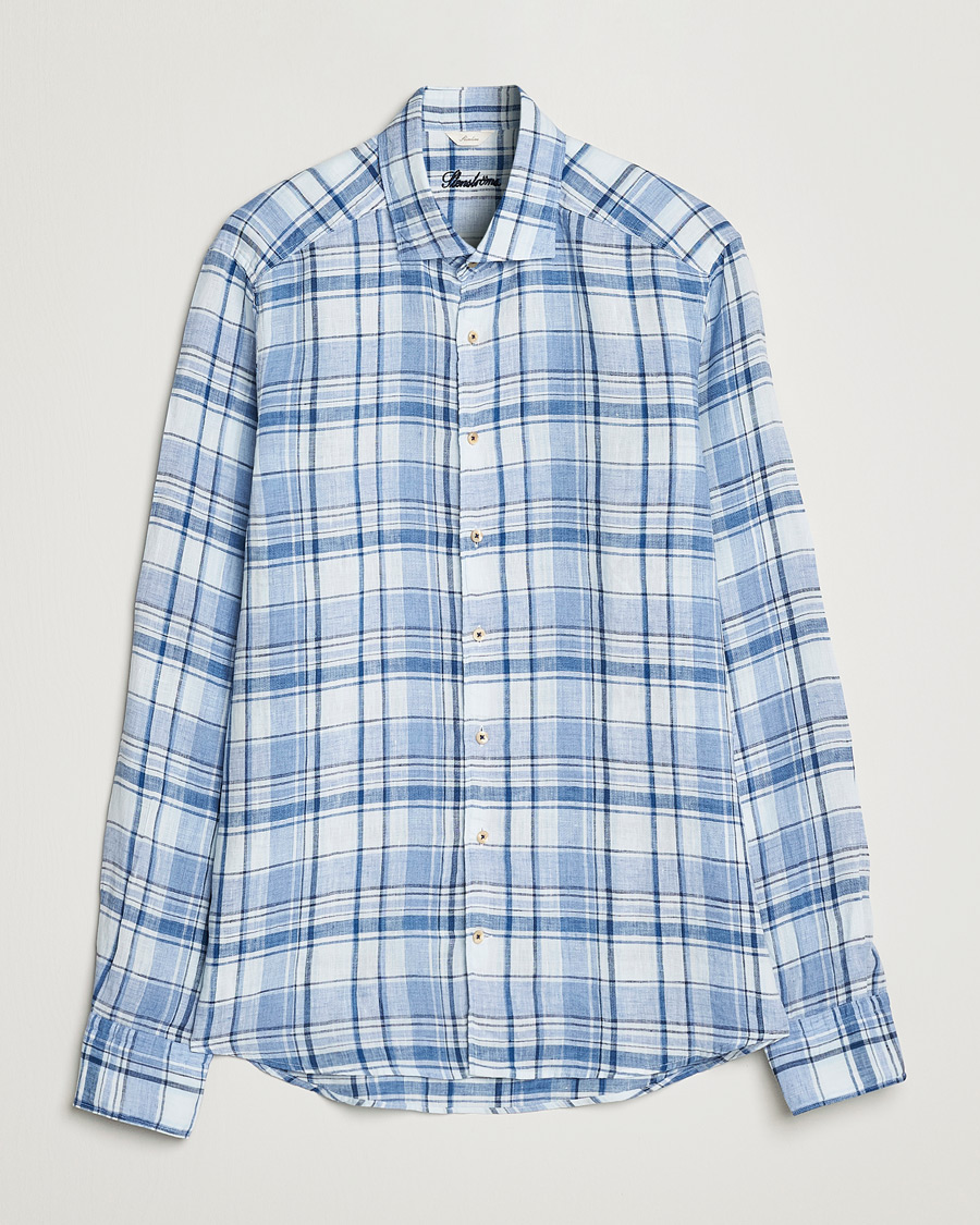 Herr | Skjortor | Stenströms | Slimline Cut Away Checked Linen Shirt Blue