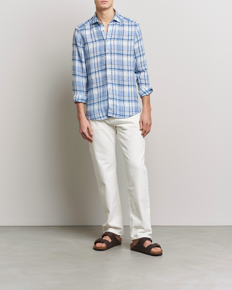 Herr | Skjortor | Stenströms | Slimline Cut Away Checked Linen Shirt Blue