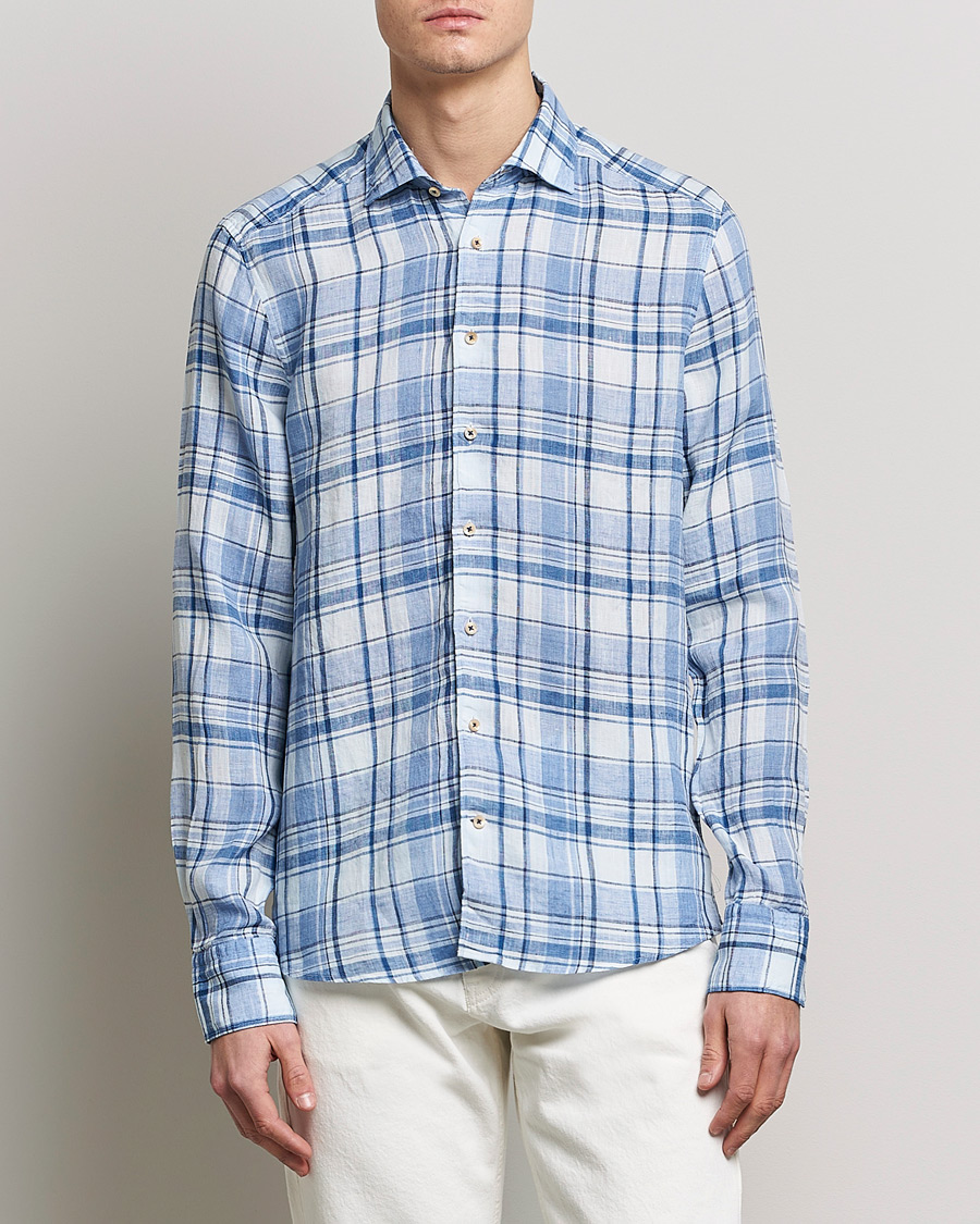 Herr | Skjortor | Stenströms | Slimline Cut Away Checked Linen Shirt Blue