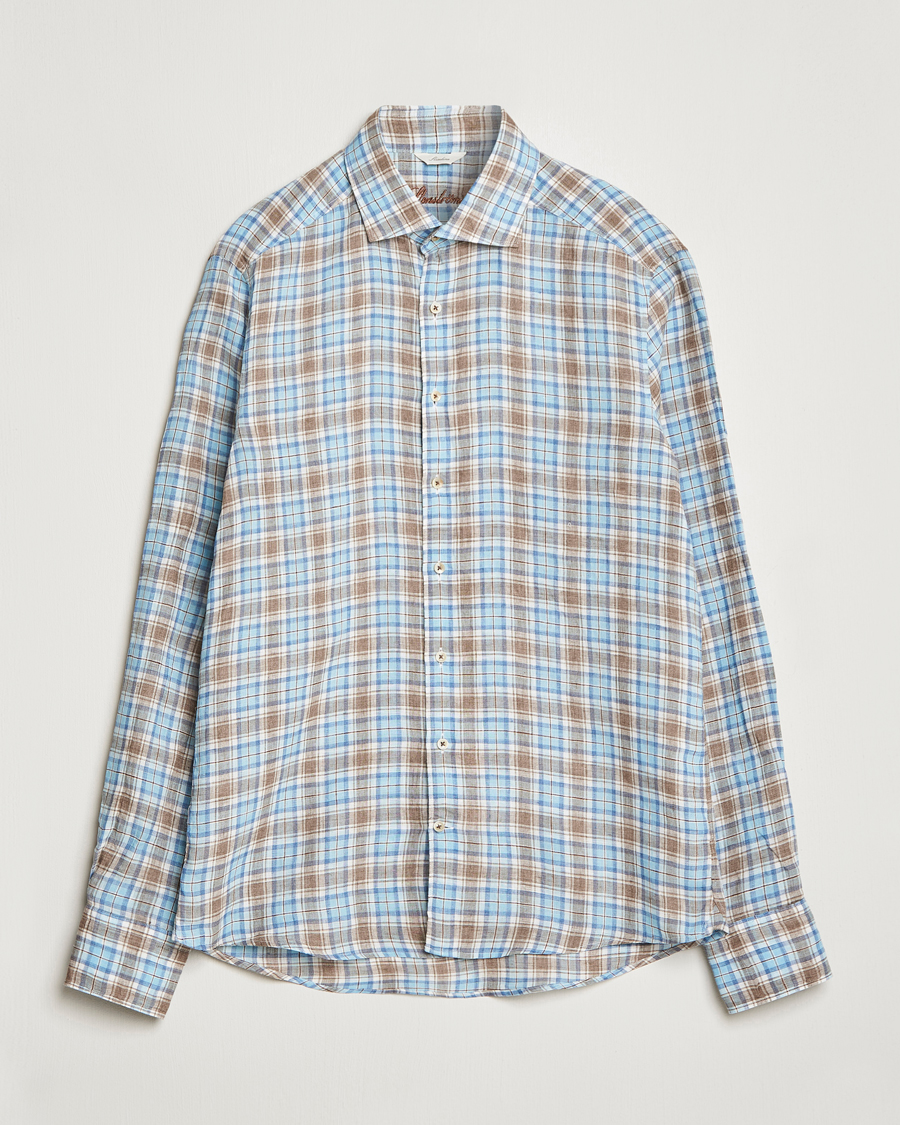 Herr | Skjortor | Stenströms | Slimline Cut Away Checked Linen Shirt Blue/Beige