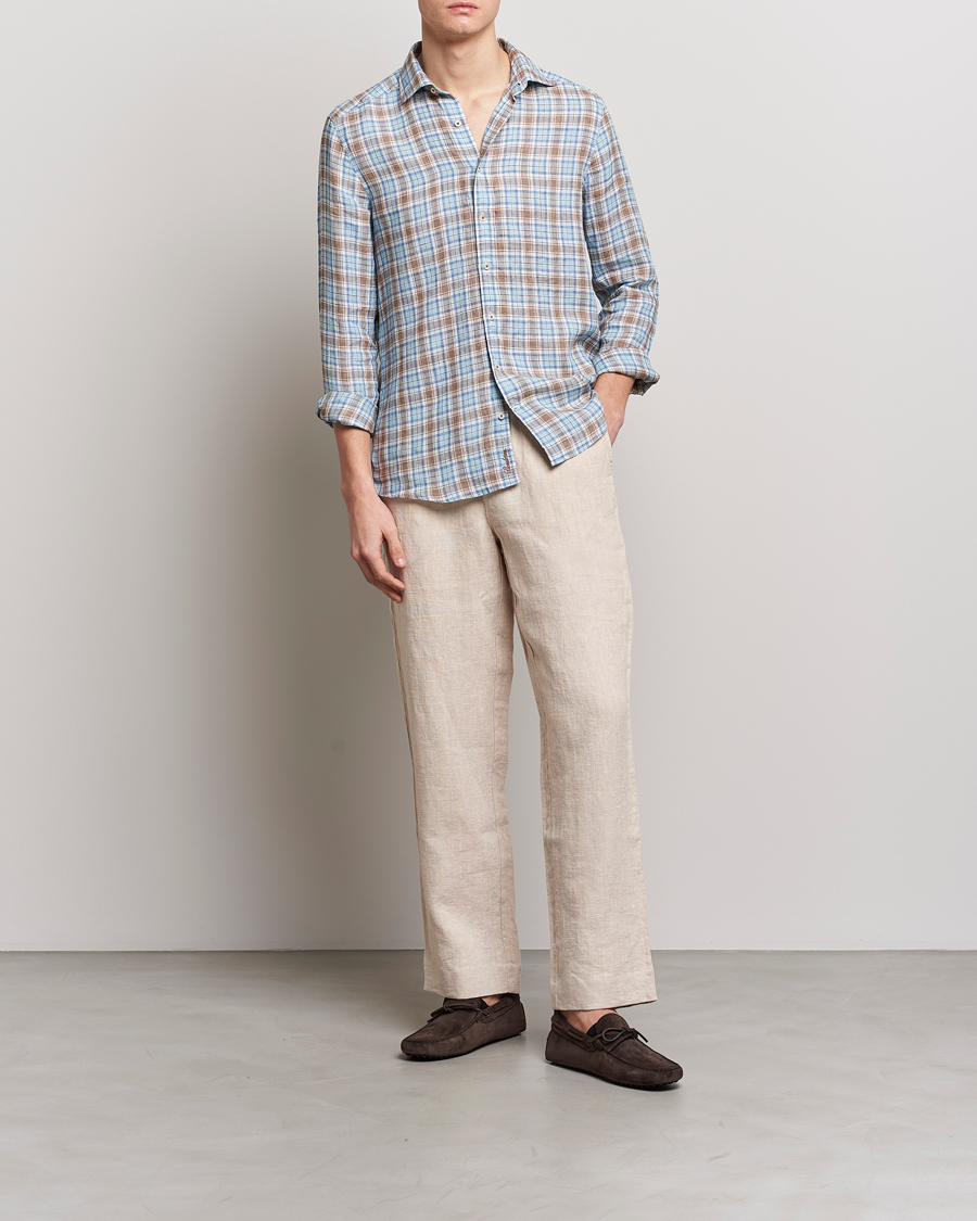 Herr | Skjortor | Stenströms | Slimline Cut Away Checked Linen Shirt Blue/Beige