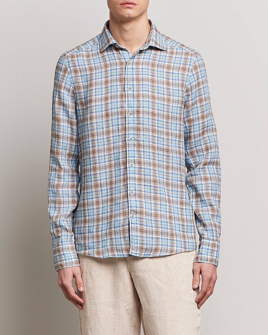 Herr | Skjortor | Stenströms | Slimline Cut Away Checked Linen Shirt Blue/Beige