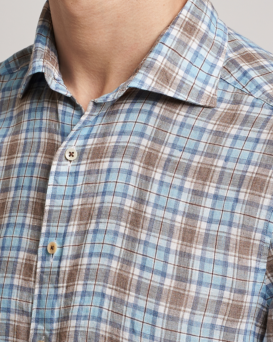 Herr | Skjortor | Stenströms | Slimline Cut Away Checked Linen Shirt Blue/Beige