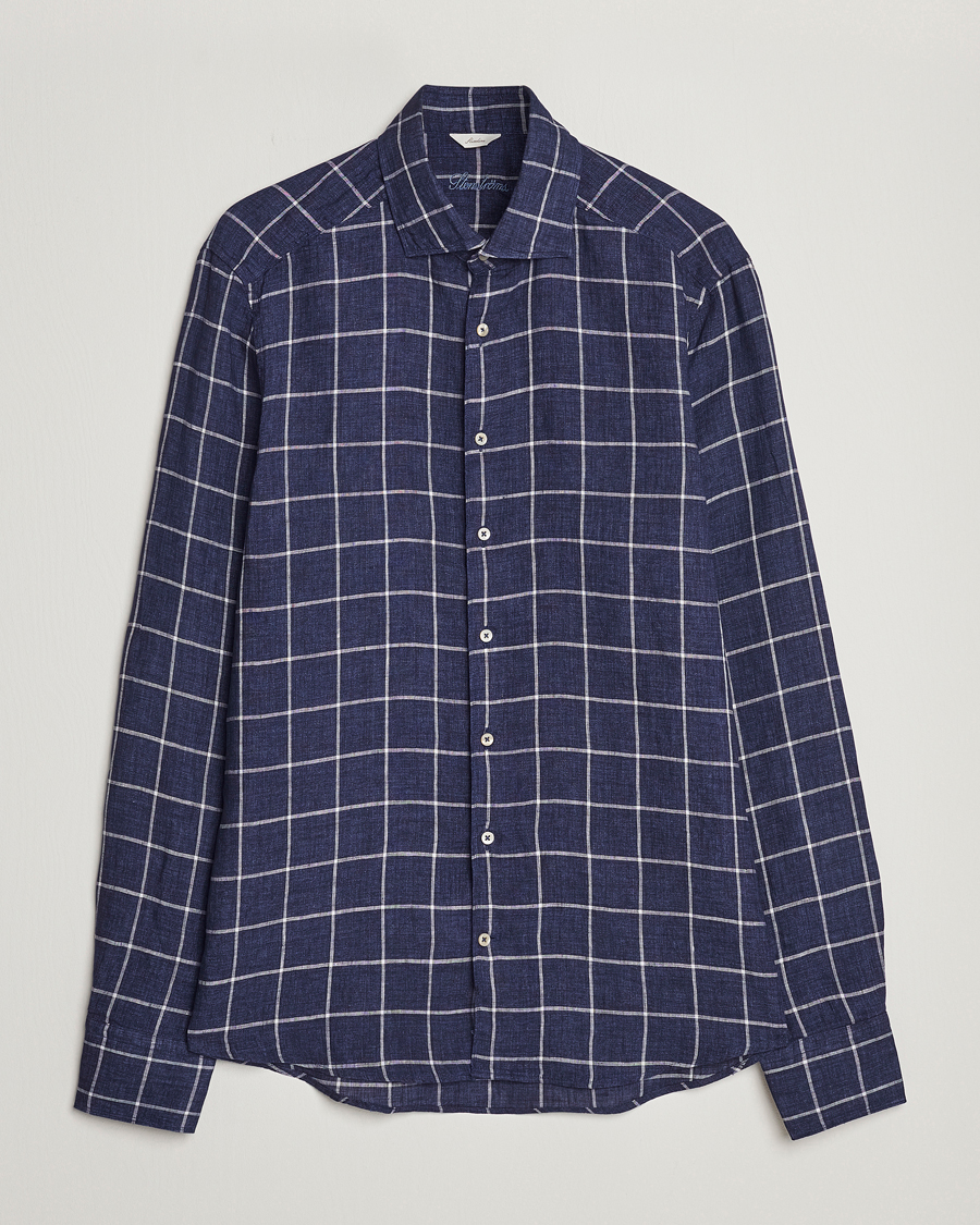 Herr | Skjortor | Stenströms | Slimline Cut Away Checked Linen Shirt Dark Blue
