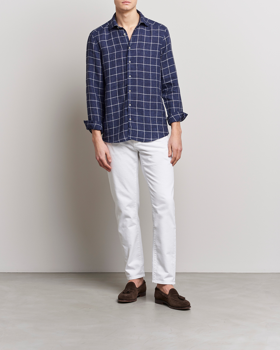 Herr | Skjortor | Stenströms | Slimline Cut Away Checked Linen Shirt Dark Blue