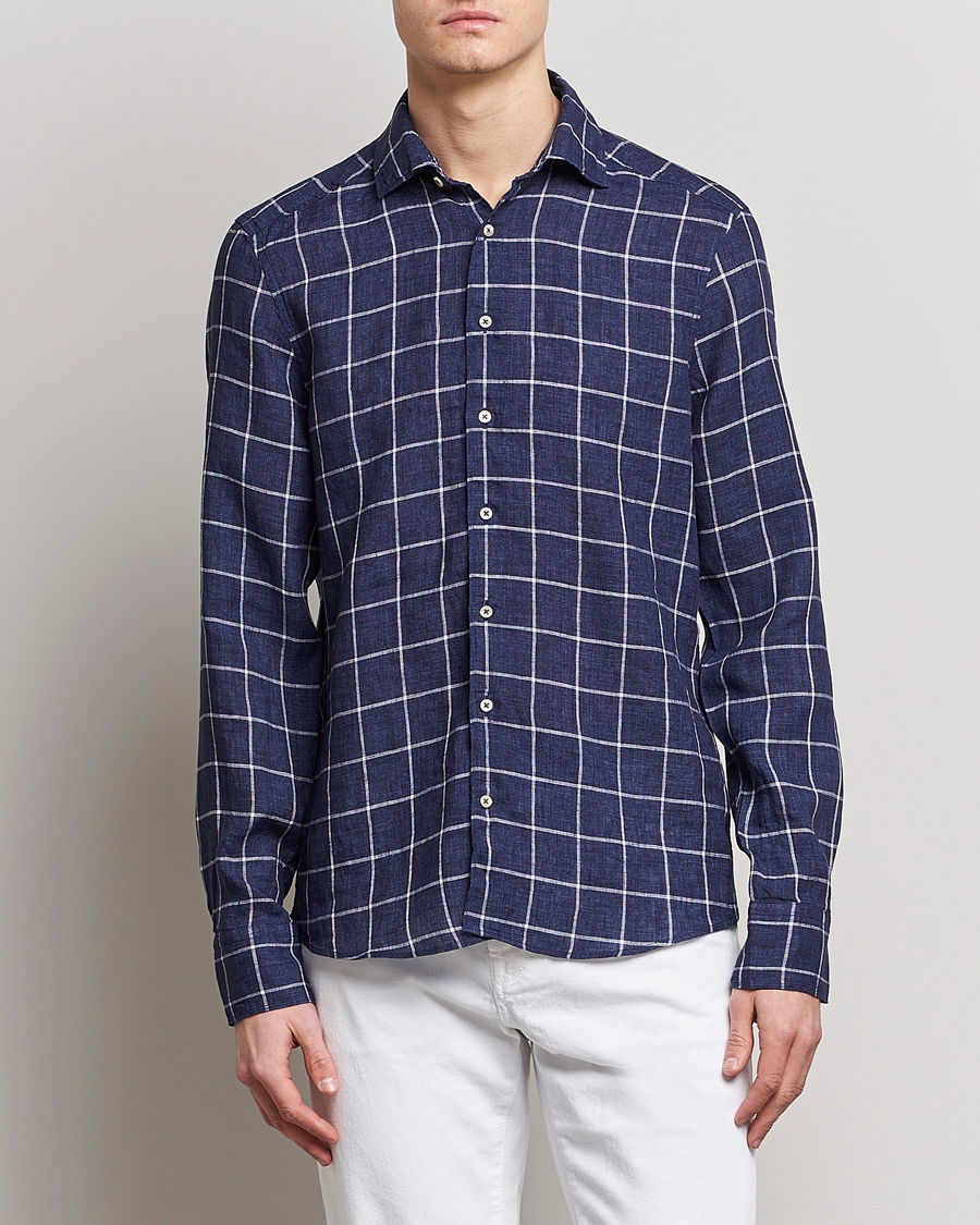 Herr | Skjortor | Stenströms | Slimline Cut Away Checked Linen Shirt Dark Blue