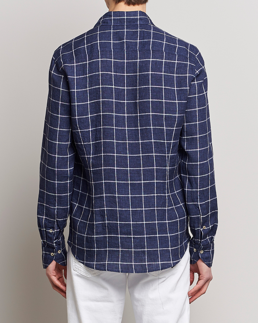 Herr | Skjortor | Stenströms | Slimline Cut Away Checked Linen Shirt Dark Blue