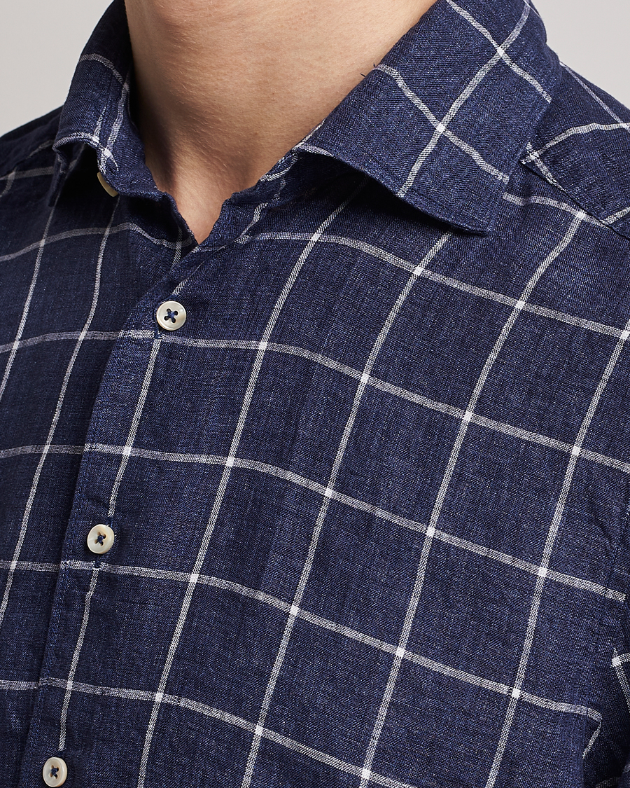 Herr | Skjortor | Stenströms | Slimline Cut Away Checked Linen Shirt Dark Blue