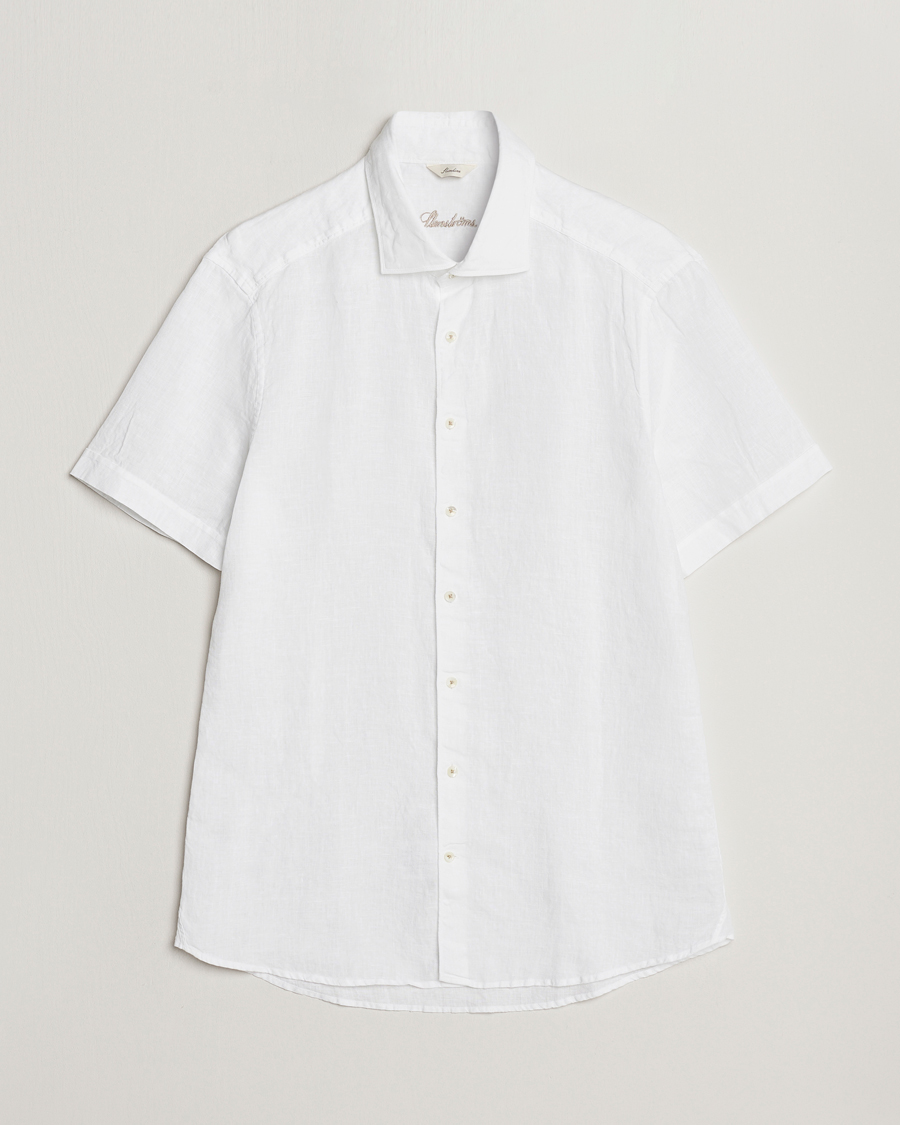Herr | Skjortor | Stenströms | Slimline Cut Away Short Sleeve Linen Shirt White