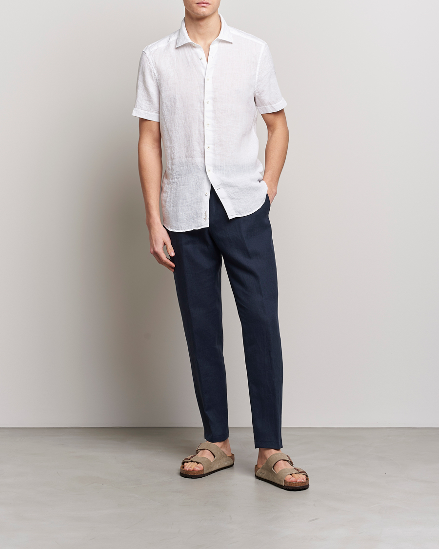 Herr | Skjortor | Stenströms | Slimline Cut Away Short Sleeve Linen Shirt White
