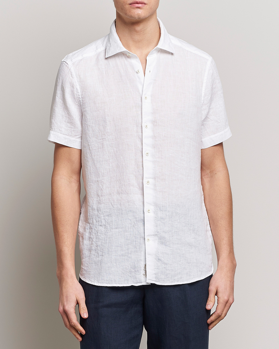 Herr | Skjortor | Stenströms | Slimline Cut Away Short Sleeve Linen Shirt White