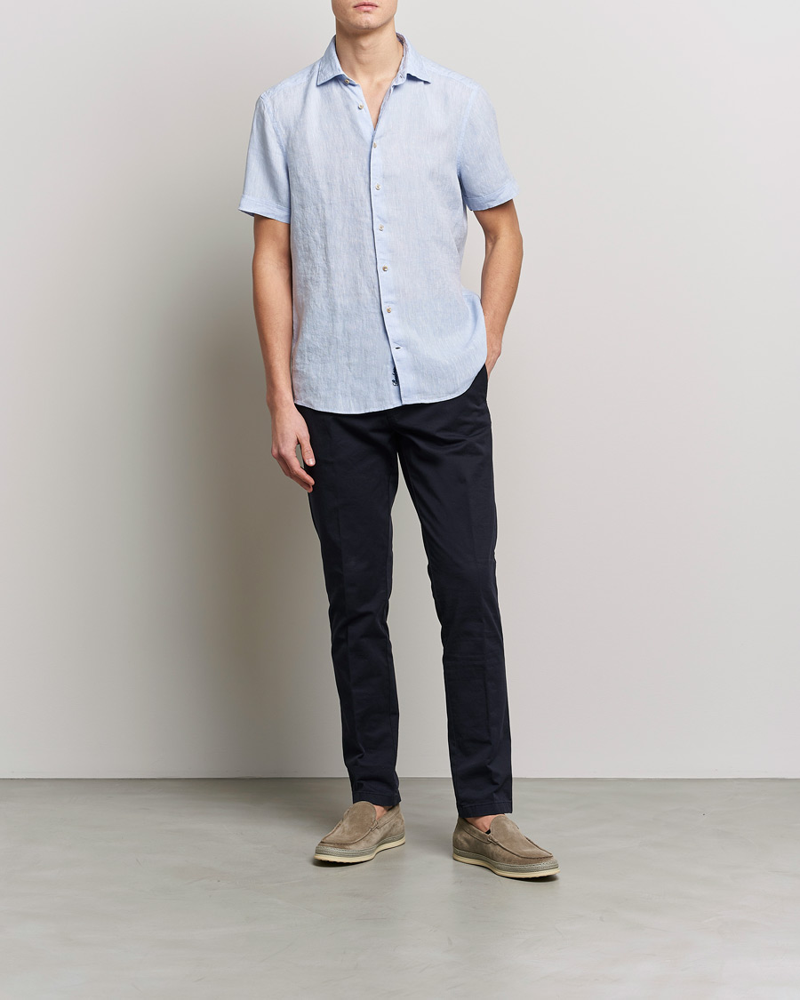 Herr | Skjortor | Stenströms | Slimline Cut Away Short Sleeve Linen Shirt Light Blue