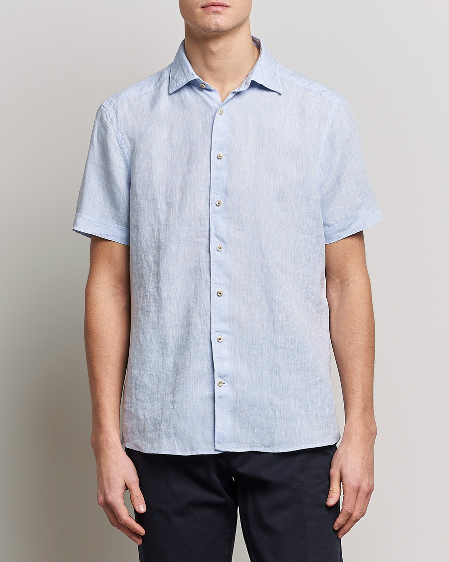 Herr | Skjortor | Stenströms | Slimline Cut Away Short Sleeve Linen Shirt Light Blue