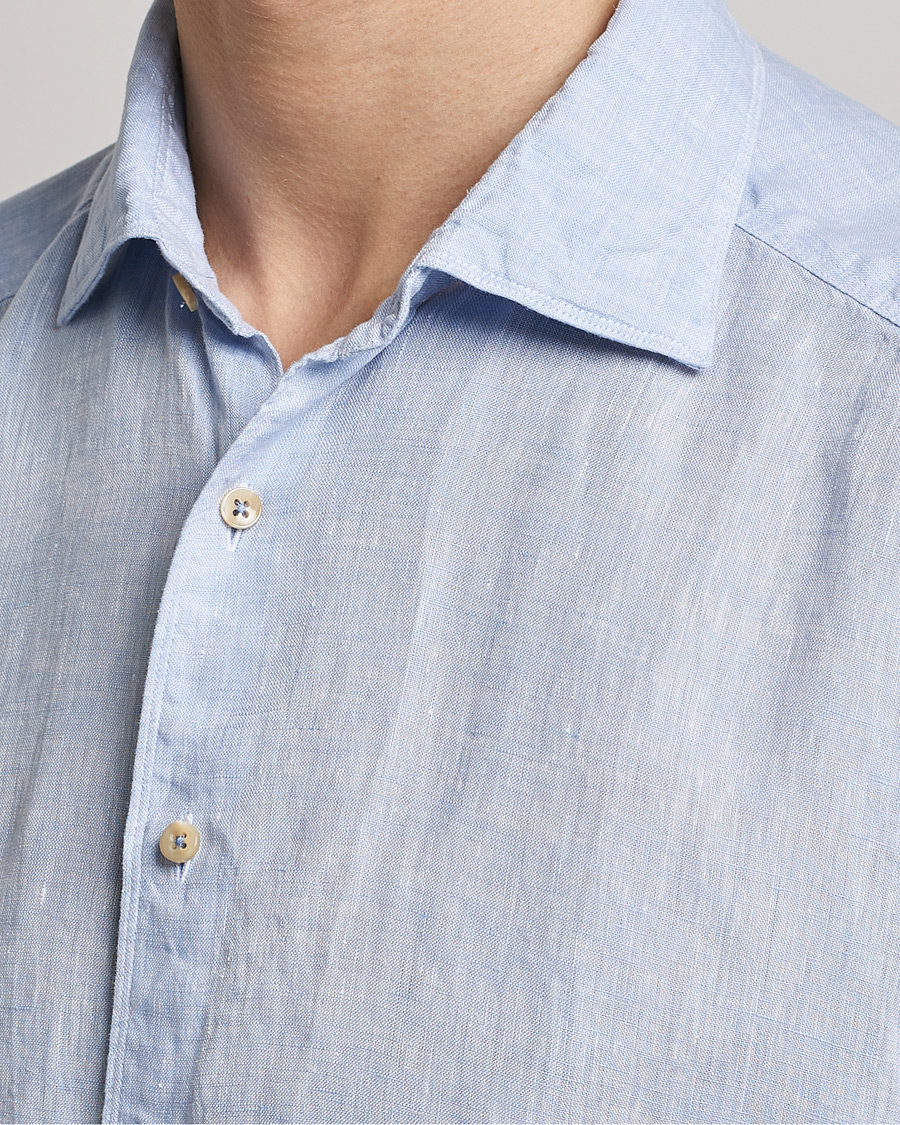 Herr | Skjortor | Stenströms | Slimline Cut Away Short Sleeve Linen Shirt Light Blue