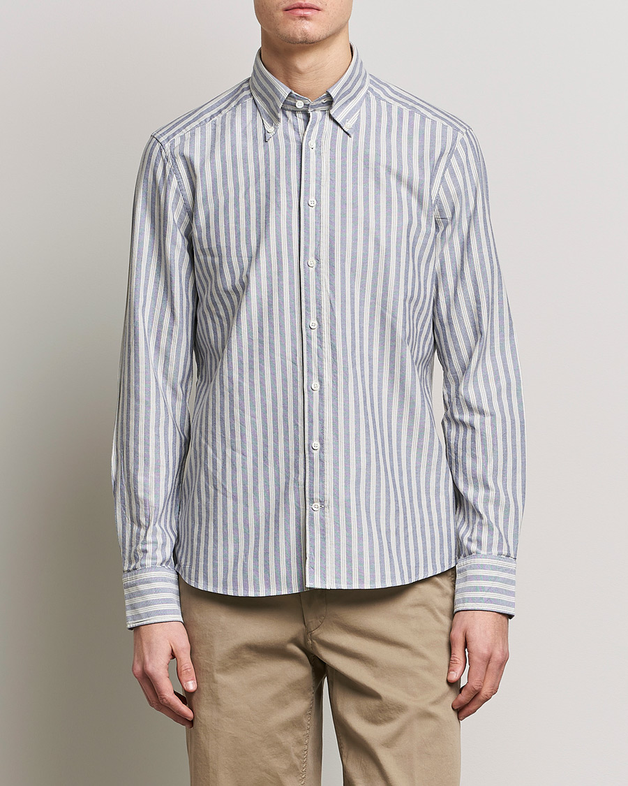 Herr | Skjortor | Stenströms | Slimline Washed Striped Oxford Shirt Blue