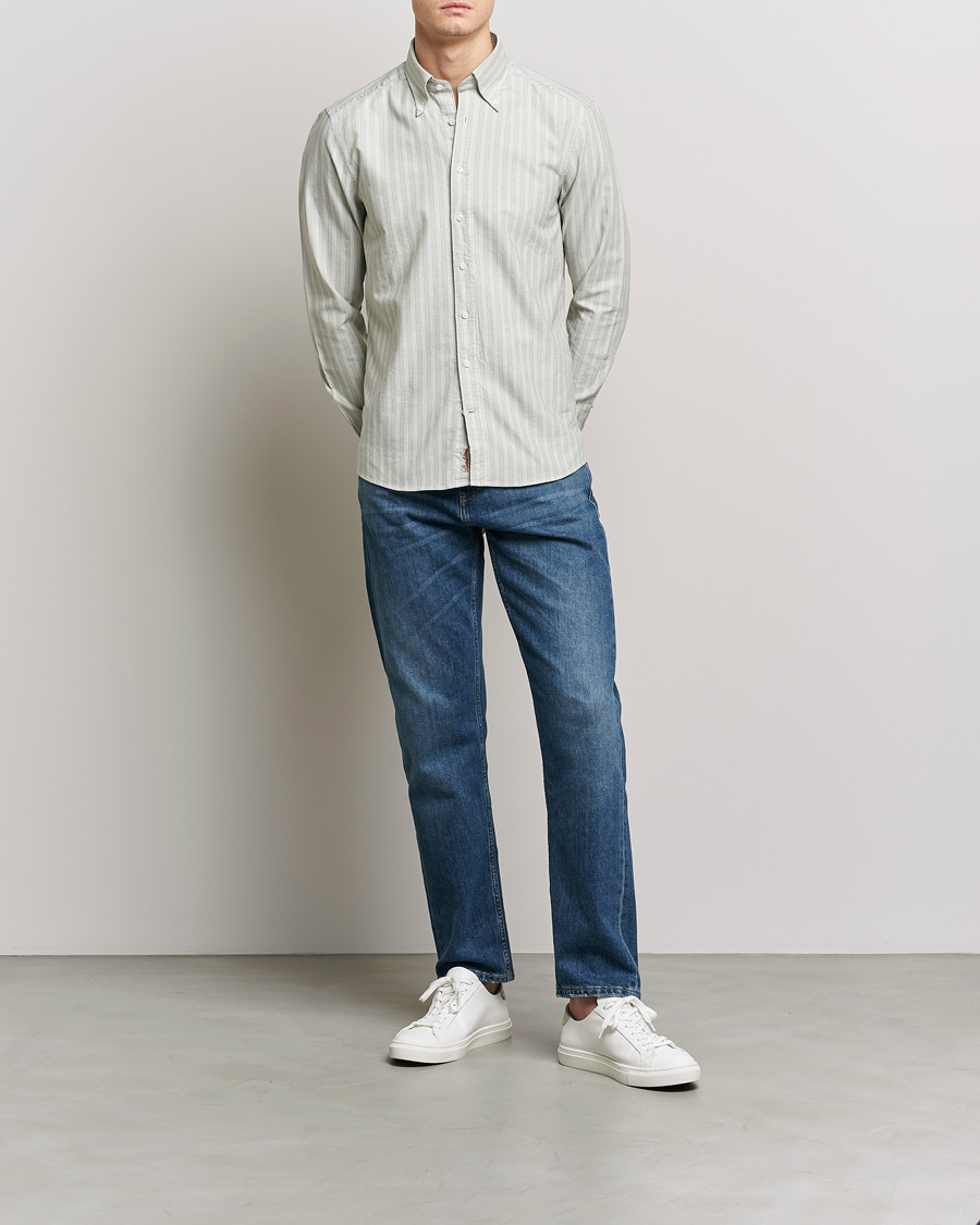 Herr | Skjortor | Stenströms | Slimline Washed Striped Oxford Shirt Pistachio