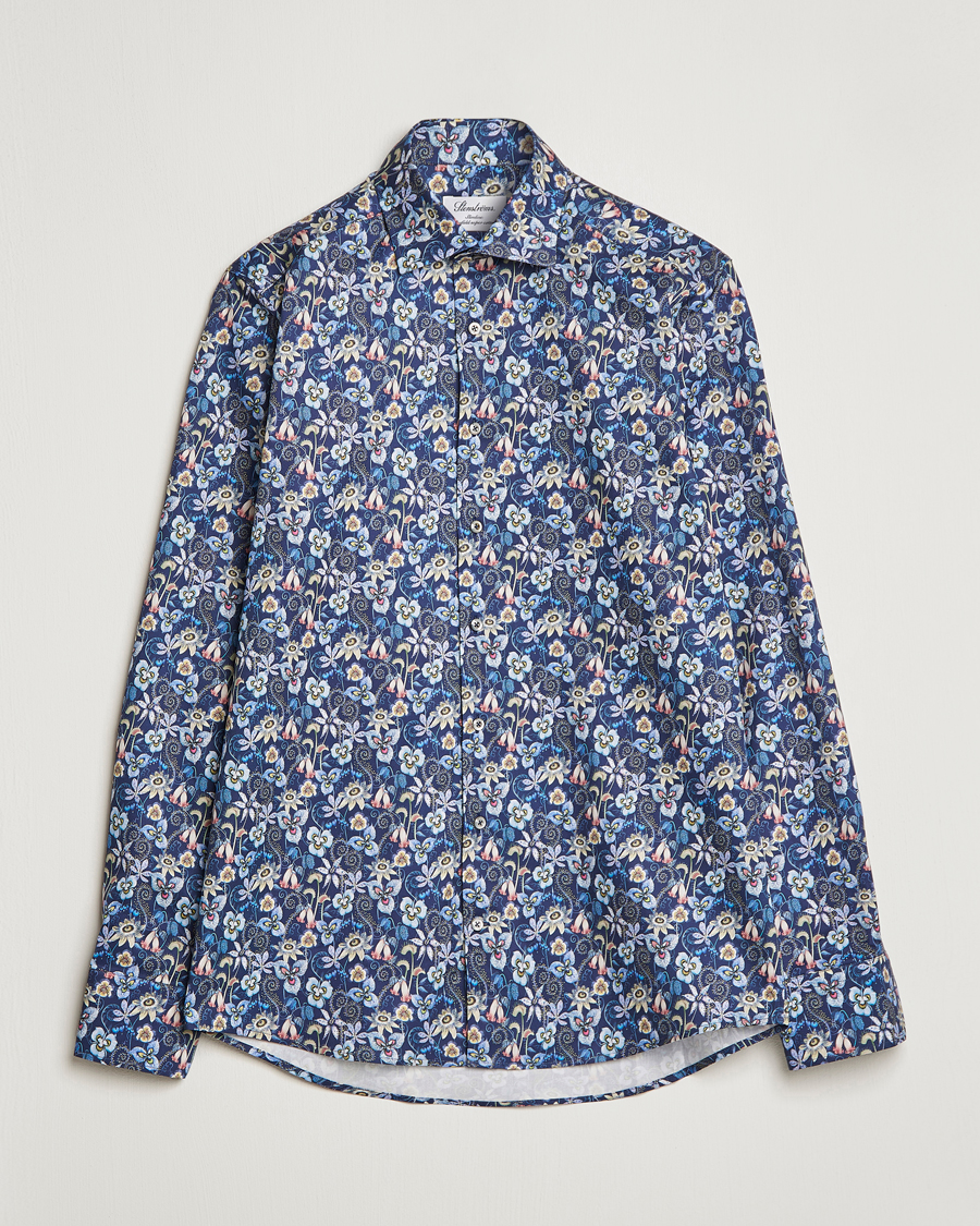 Herr | Skjortor | Stenströms | Slimline Cut Away Flower Print Shirt Blue
