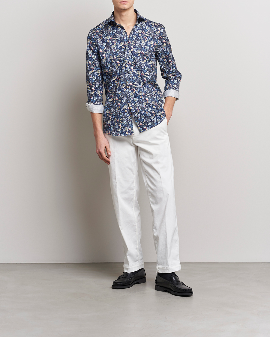 Herr | Skjortor | Stenströms | Slimline Cut Away Flower Print Shirt Blue