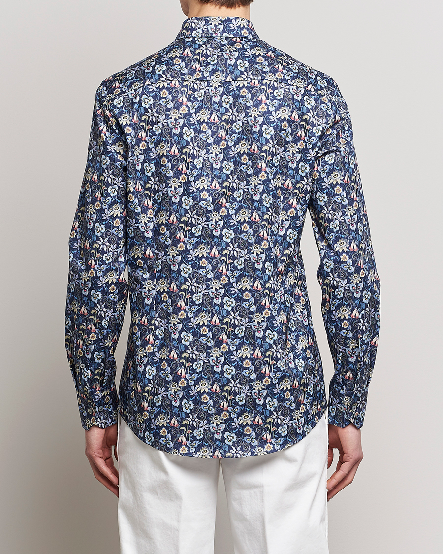 Herr | Skjortor | Stenströms | Slimline Cut Away Flower Print Shirt Blue