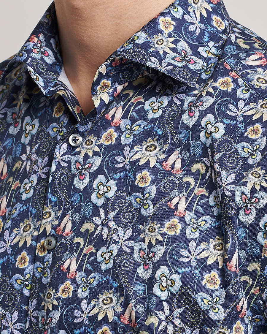 Herr | Skjortor | Stenströms | Slimline Cut Away Flower Print Shirt Blue
