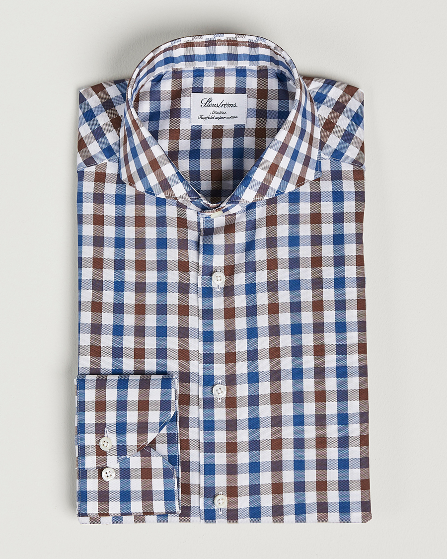 Herr | Skjortor | Stenströms | Slimline Cut Away Gingham Shirt Brown/Blue