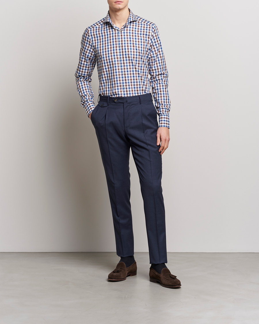 Herr | Skjortor | Stenströms | Slimline Cut Away Gingham Shirt Brown/Blue