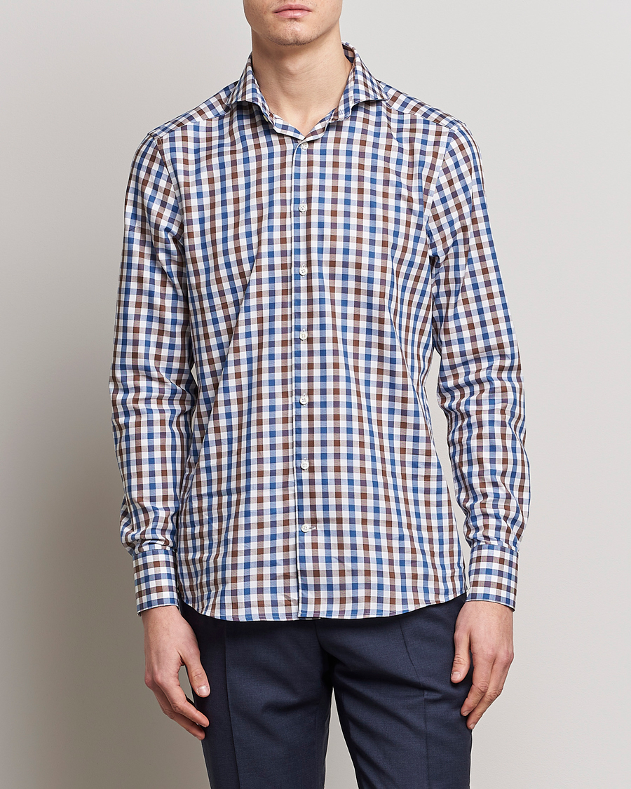 Herr | Skjortor | Stenströms | Slimline Cut Away Gingham Shirt Brown/Blue