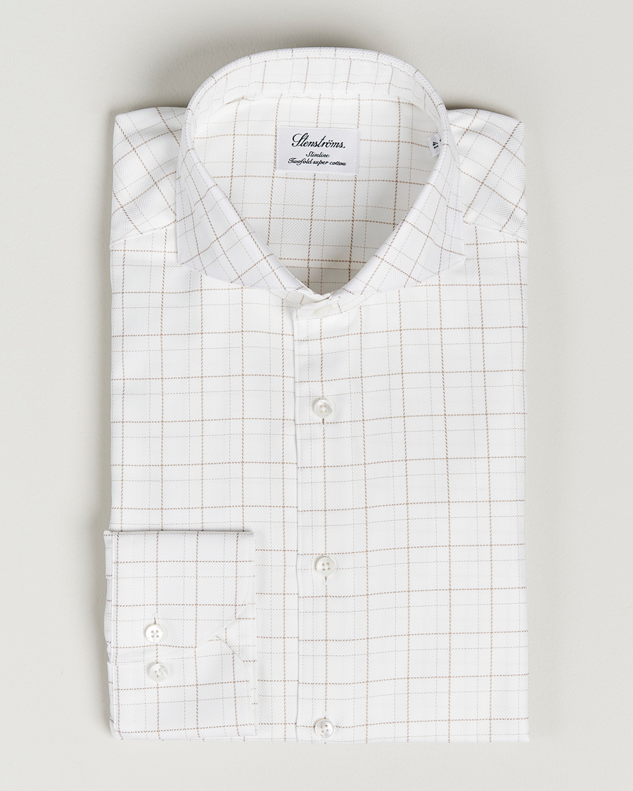 Herr | Skjortor | Stenströms | Slimline Cut Away Windowpane Shirt White/Beige