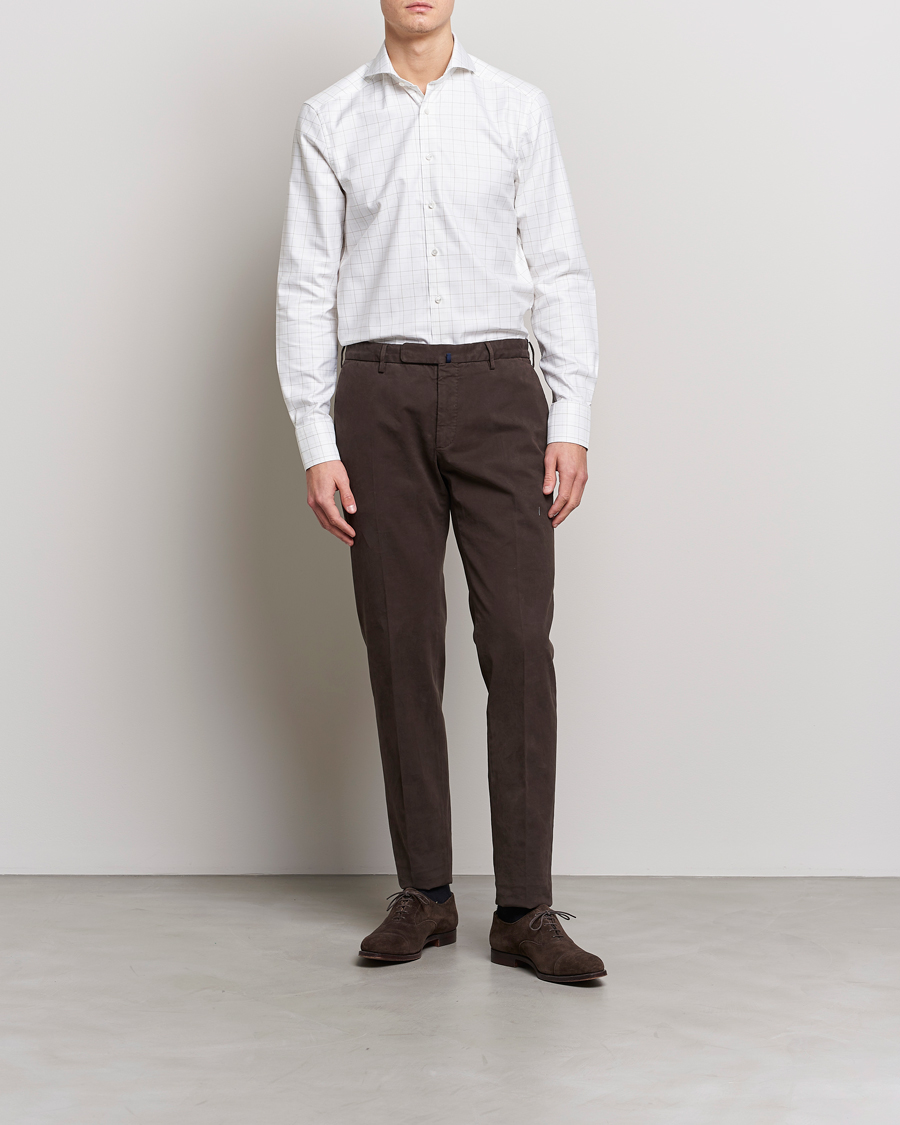 Herr | Skjortor | Stenströms | Slimline Cut Away Windowpane Shirt White/Beige
