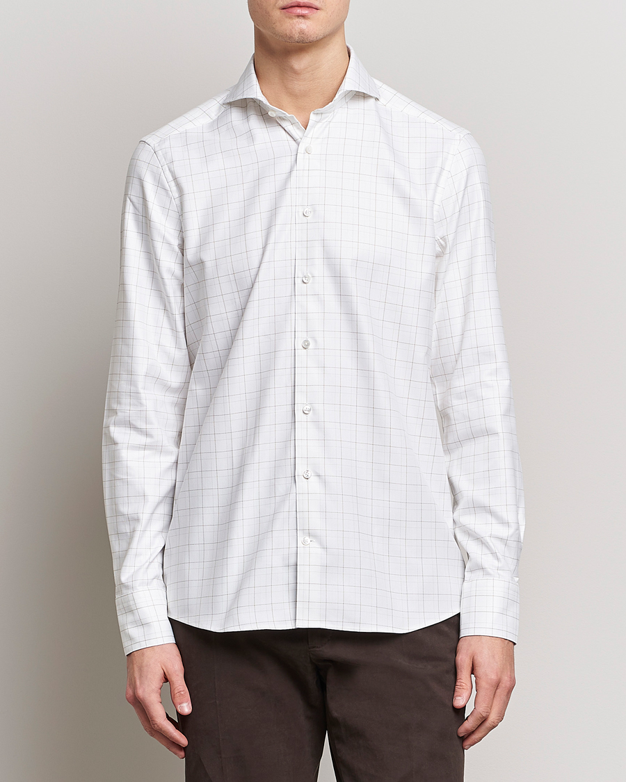 Herr | Skjortor | Stenströms | Slimline Cut Away Windowpane Shirt White/Beige