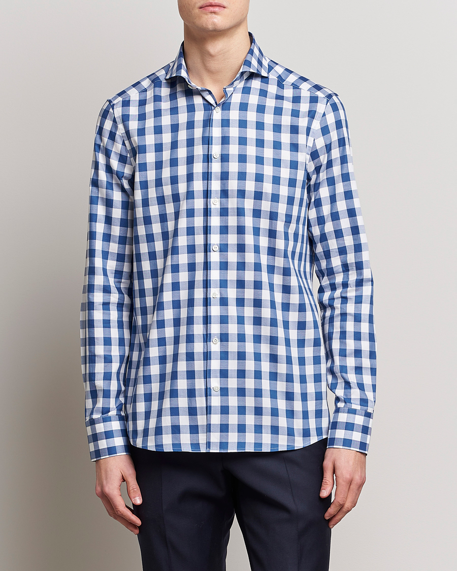 Herr | Skjortor | Stenströms | Slimline Cut Away Large Gingham Shirt Blue
