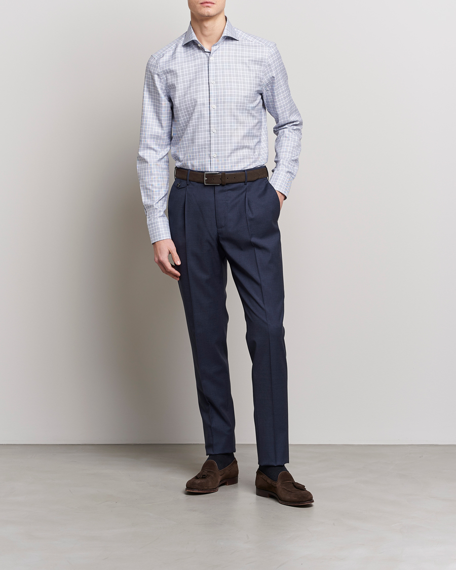 Herr | Skjortor | Stenströms | Slimline Cut Away Multicheck Shirt Blue