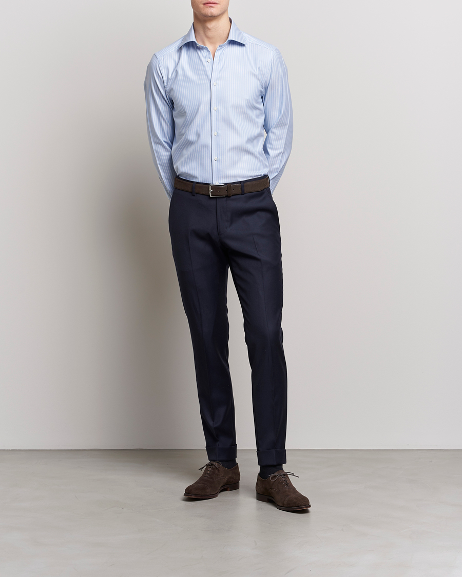 Herr | Skjortor | Stenströms | Slimline Cut Away Herringbone Striped Shirt Blue