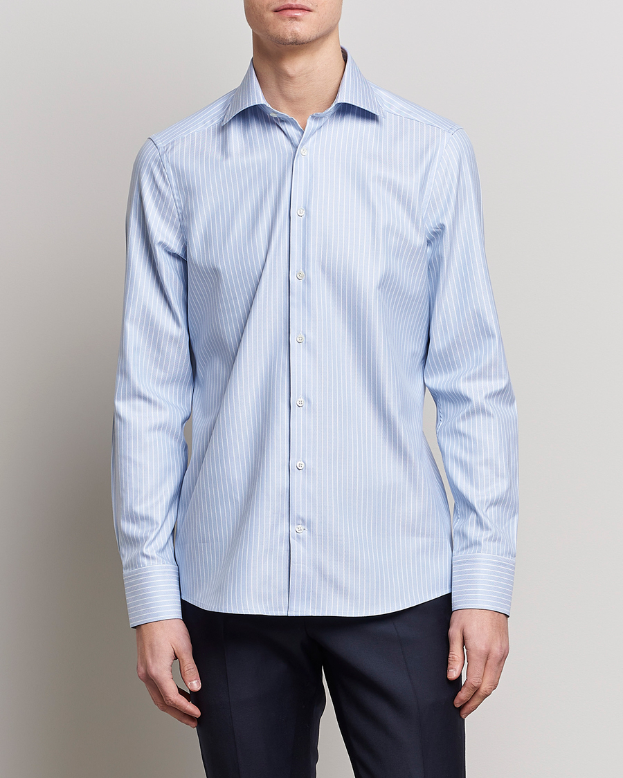 Herr |  | Stenströms | Slimline Cut Away Herringbone Striped Shirt Blue