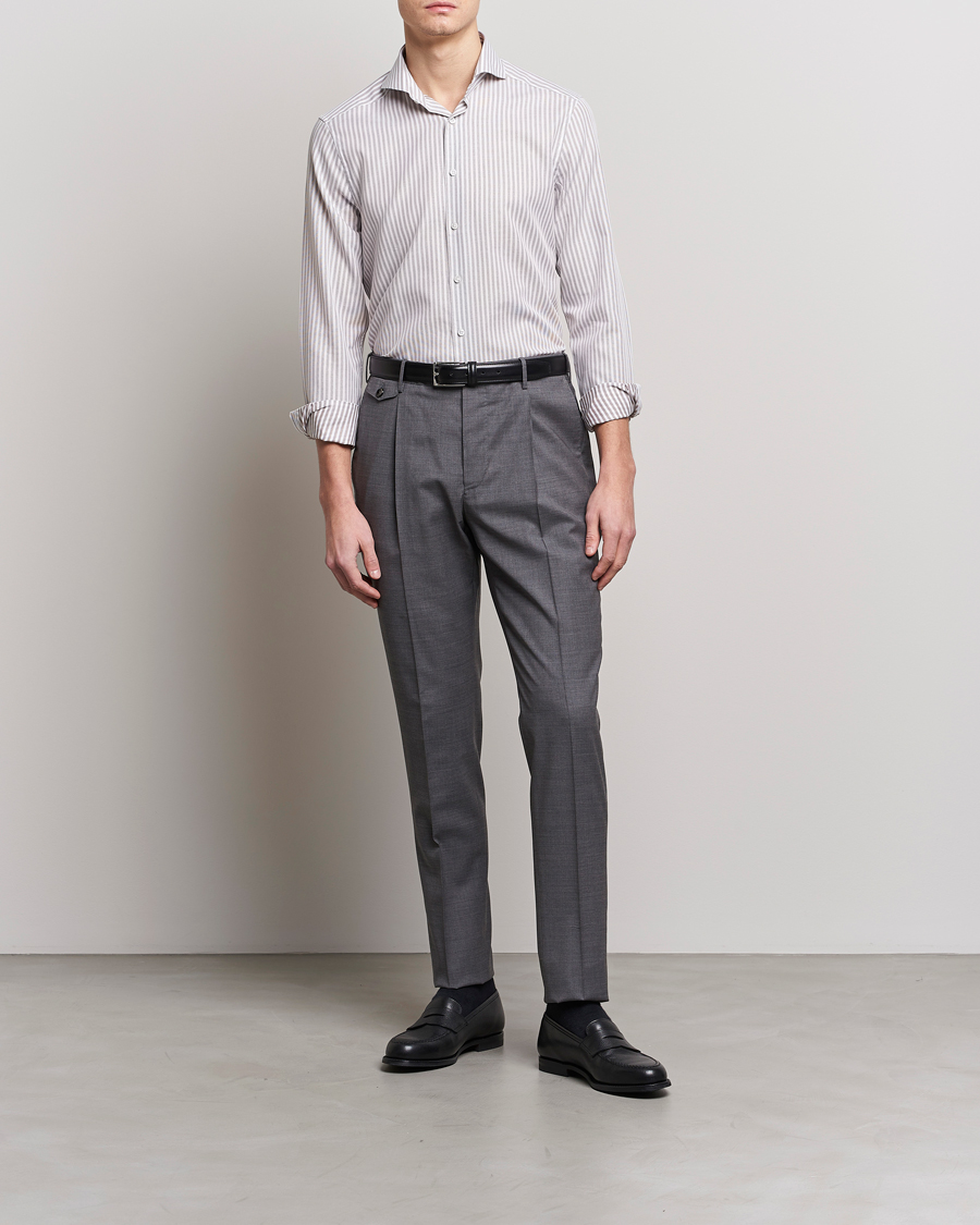 Herr | Skjortor | Stenströms | Slimline Cut Away Structure Striped Shirt Brown
