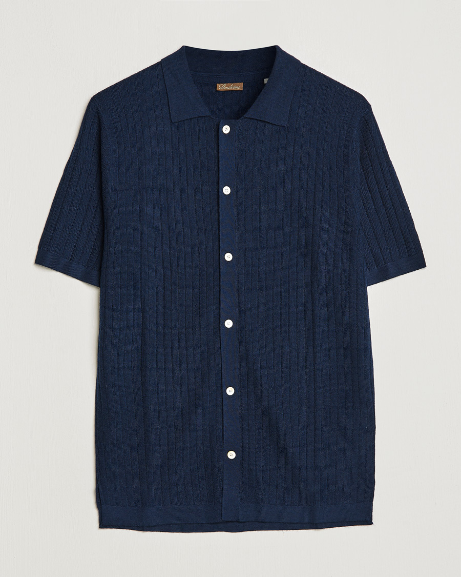 Herr | Pikéer | Stenströms | Merino/Lyocell Ribbed Buttoned Polo Shirt Navy
