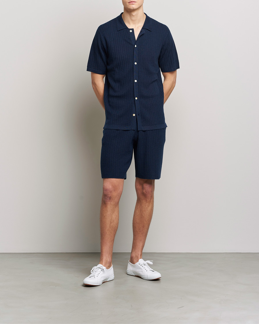 Herr | Pikéer | Stenströms | Merino/Lyocell Ribbed Buttoned Polo Shirt Navy